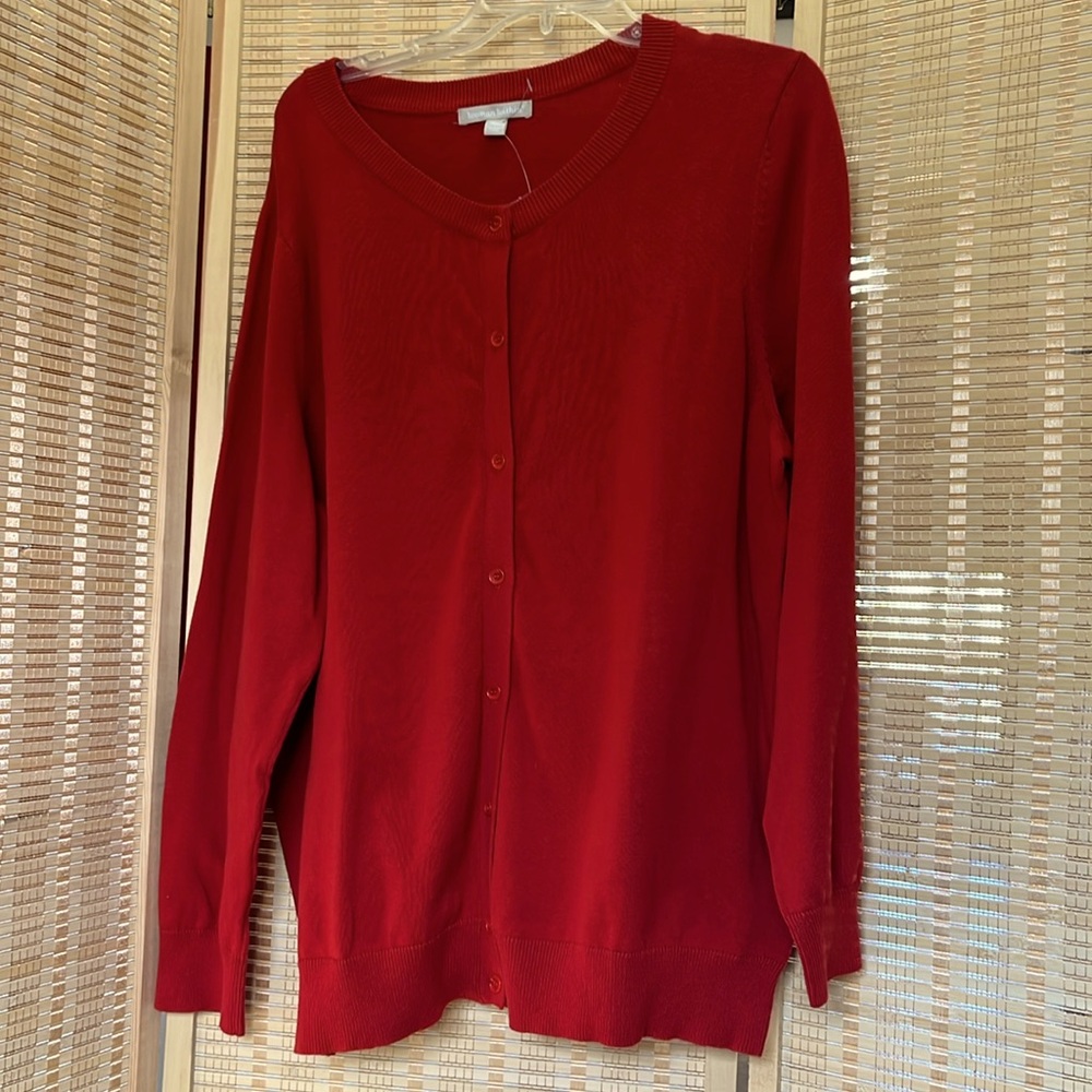 Woman Within Red Cotton knit Cardigan Large (18-20)